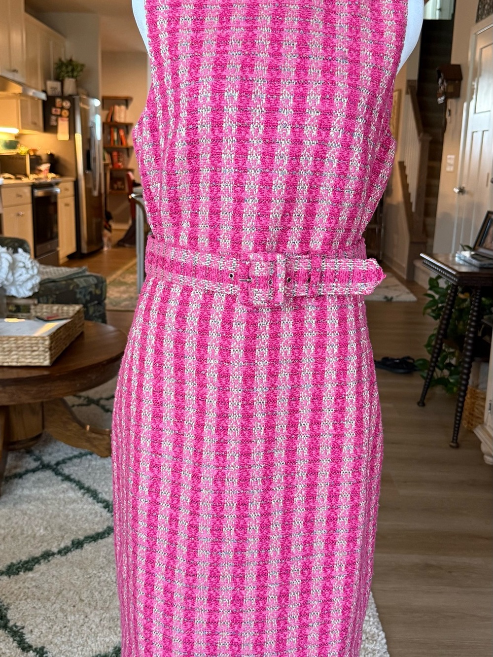 J. Crew Pink Tweed Belted Midi Sheath Dress